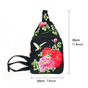 Women Chest Bag Tibetan Ethnic Style Hand Embroidery Pretty Flowers Casual Canvas Travel Shoulder Crossbody Bag