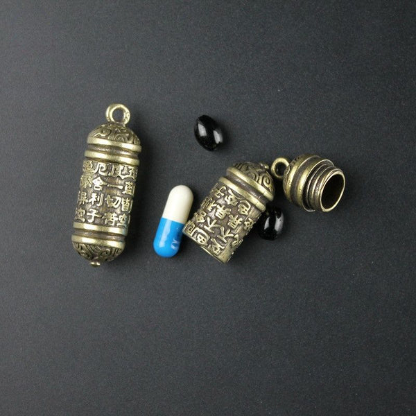 Brass Buddha Sutra Cylinder Pendant Keychain Hanging Necklace Jewelry Pill Box Medicine Case Container Bottle Keychains