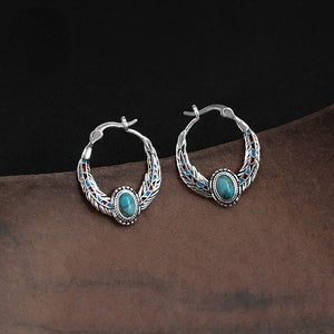Blue 925 Silver Vintage Ethnic Style Feather Enamel Turquoise Earring Literature Tibetan Earrings