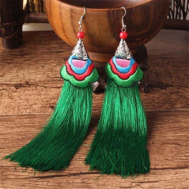 Ethnic Tibet Embroidery Long Tassel Drop Retro Bohemia Handmade Tassel Earrings - hiblings